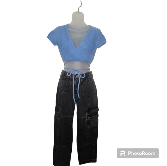 Et Clet Blue Cropped Tie Wrap Short Sleeve Fuzzy Top Sz S - Picture 6 of 6